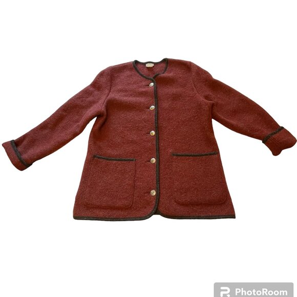 LL Bean Blazer Jacket Burgundy Button-Up Cardigan Wool Made In Austria VTG - Picture 1 of 15